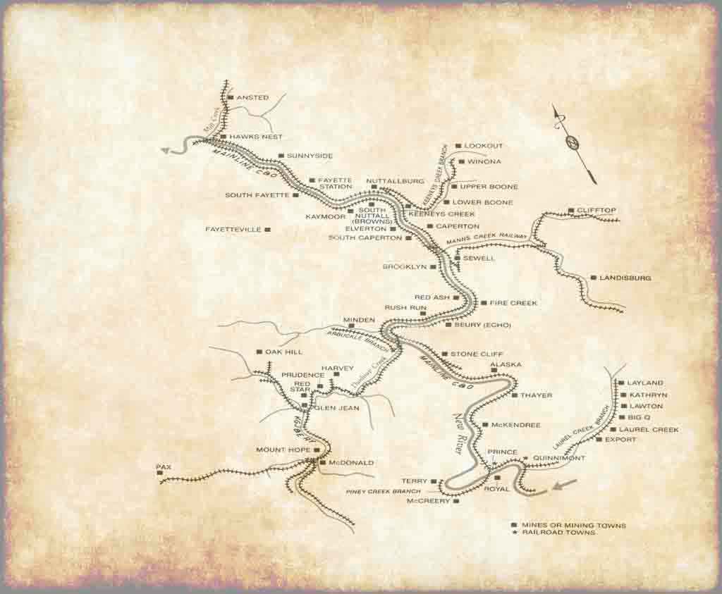 Map of West Virginia showing railroad in and about Thurmond, WV. This is the basis for the railroad layout at Arnt Engineering